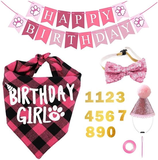 Set di compleanno per cani - Cappello - Fiocco farfalla - Slab - Etichette numerate - Bandiera - Riciclabile - Set di festa per cani
