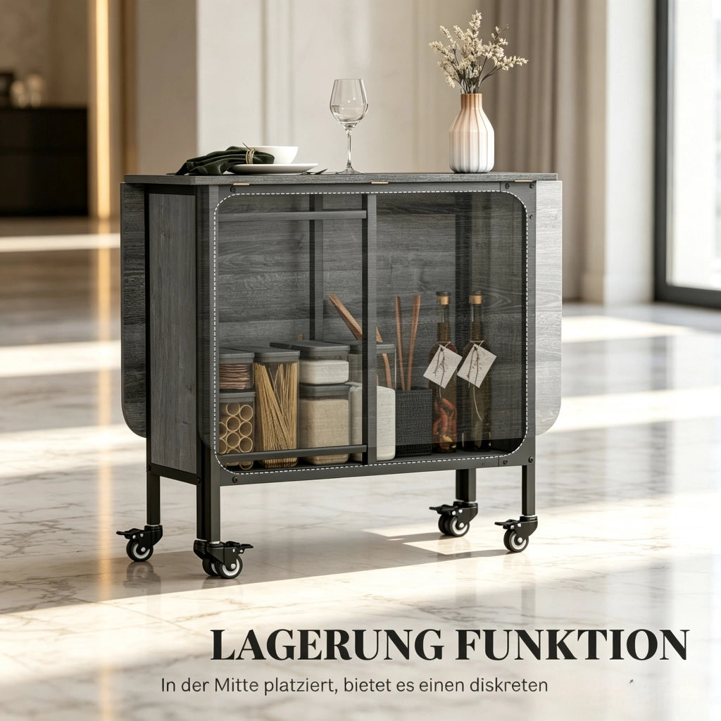 TAVOLO da pranzo pieghevole 130x80x74 cm grigio con ruote e ripiano