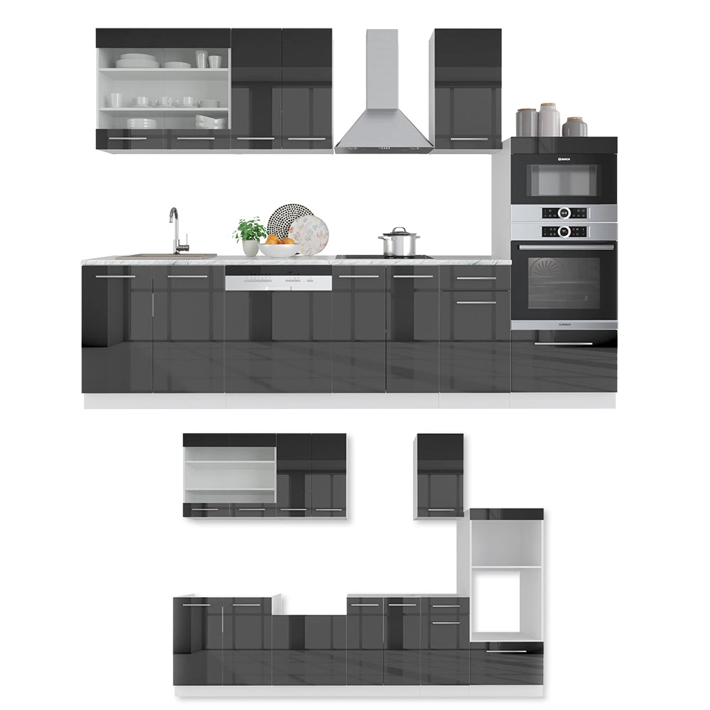 Cucina componibile Fame-Line Antracite lucido/Bianco 300 cm con armadio alto, PL Marmo Vicco