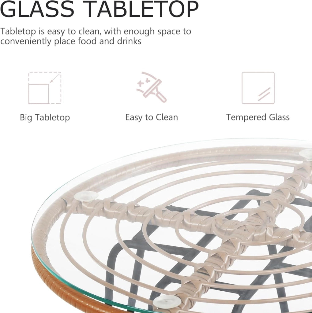 Set di 3 mobili da giardino in rattan, 2 sedie in rattan con cuscino e tavolino in vetro temperato, set da balcone per balcone, terrazza, giardino, marrone