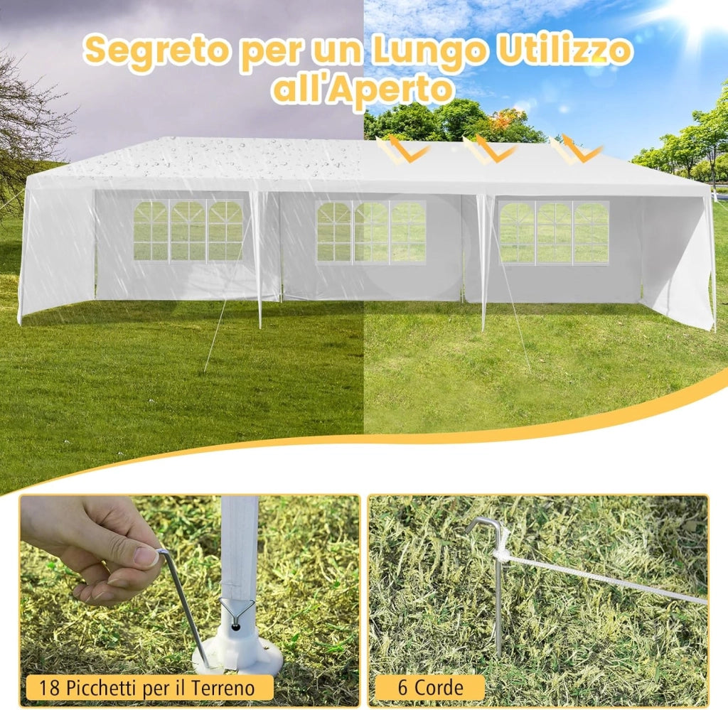 Gazebo da Giardino 3 x 9 m, Tendone per Feste con 8 Pannelli Laterali Rimovibili, Impermeabile Protezione UV, per Matrimonio Eventi e Barbecue