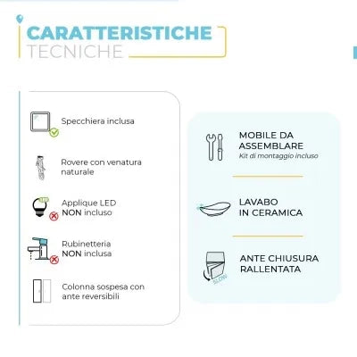 Mobile bagno sospeso 80 cm 2 ante serie Oasi rovere con specchio e pensile