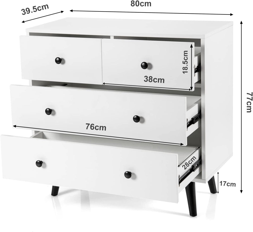 Cassettiera bianca, credenza con 4 cassetti, credenza moderna, armadietto laterale in legno, cassettiera 80 x 39,5 x 77 cm