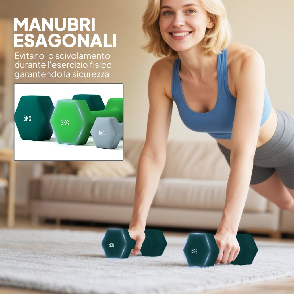 Kit Pesi Esagonali da 18 kg Totali con Supporto Incluso in Acciaio Metallo e Plastica Verde e Nero