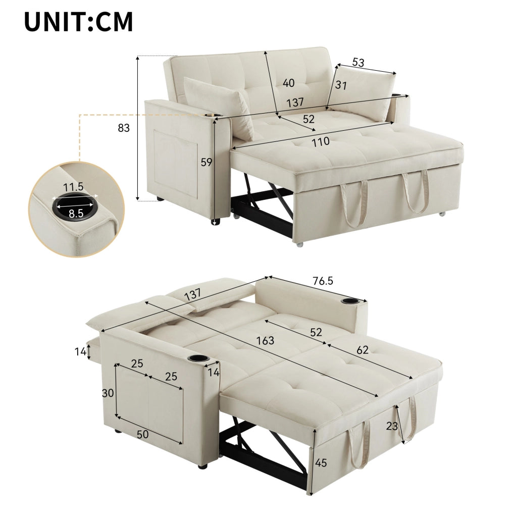 Divano letto 137 cm in velluto beige con portabicchieri， 3 in 1