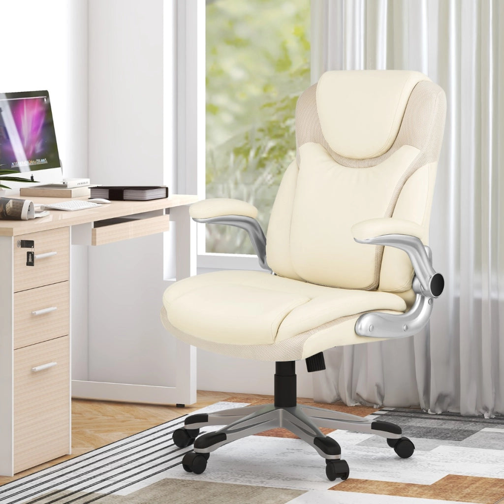 Sedia da ufficio direzionale con funzione dondolo e altezza regolabile, Sedia da scrivania in ecopelle girevole Beige-Sedie da ufficio