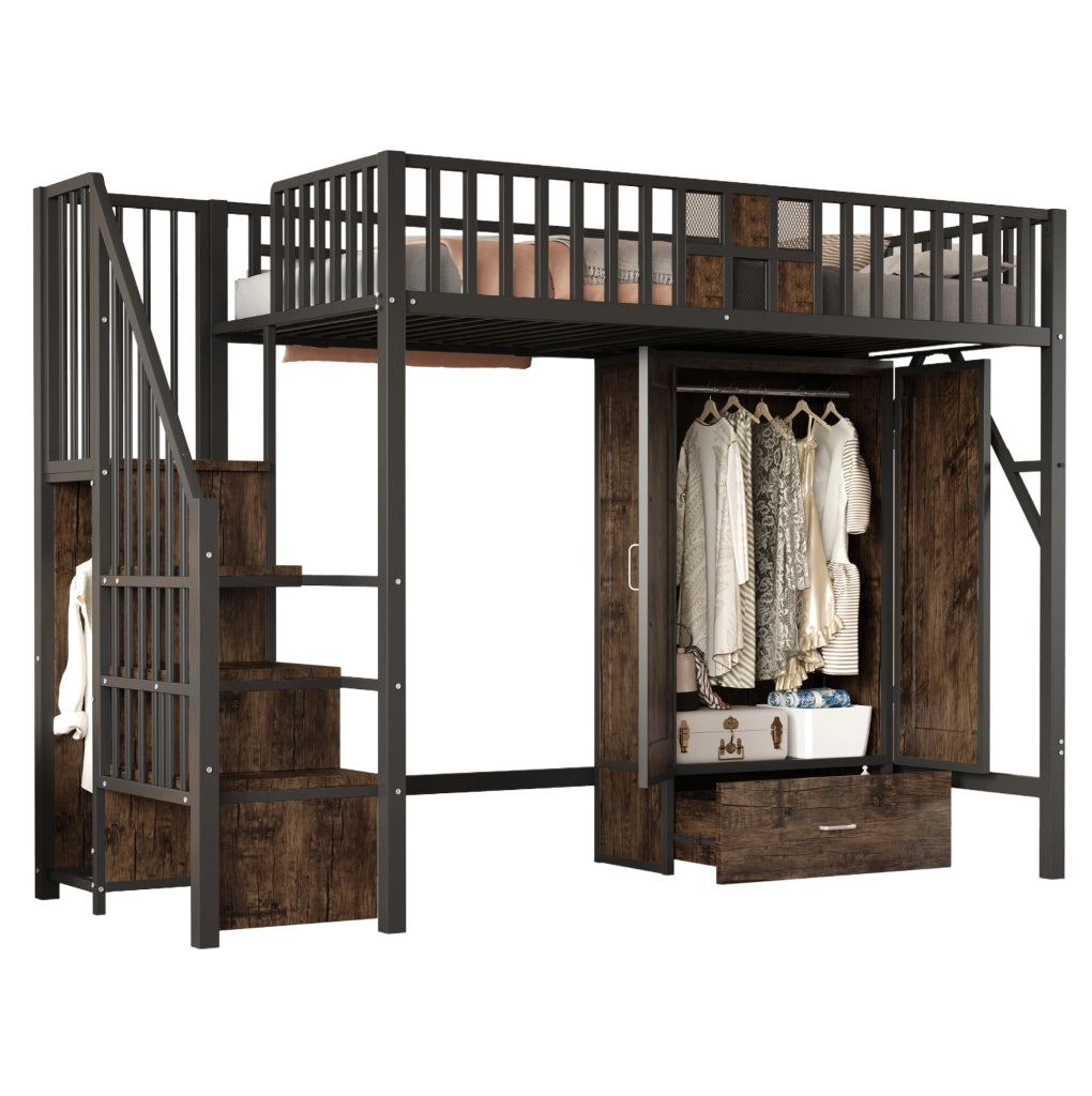 Letto a soppalco 90x200 cm in metallo e legno; nero; con armadio; cassetto e scala contenitore