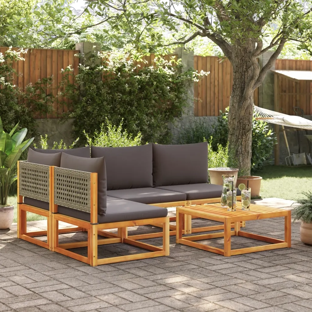 Set di divani da giardino 5 pezzi con cuscini in legno di acacia e rattan