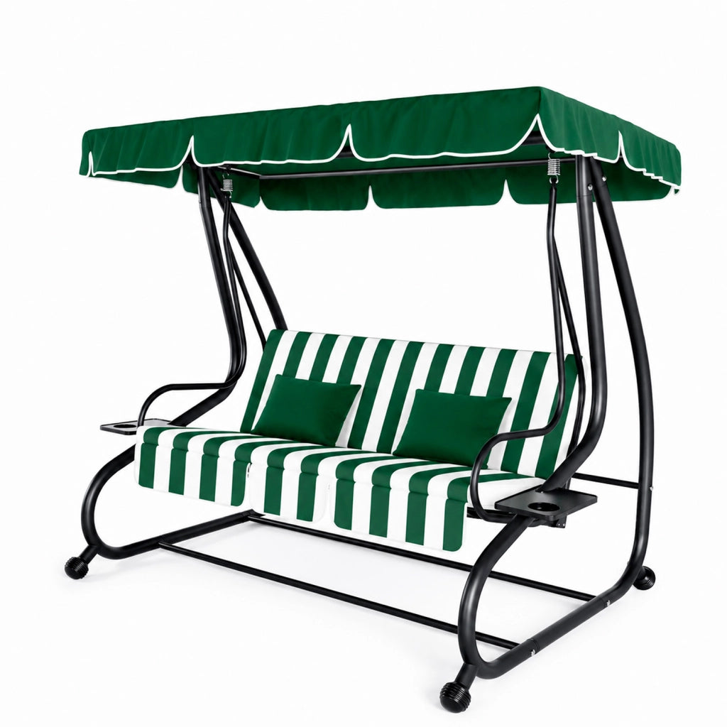 Dondolo Da Giardino 3 Posti Schienale Regolabile Tetto Ombreggiante Cuscinatura Comfort Imbottita Convertibile In Letto Per Esterno Balcone Patio 200 x 120 x 160 Cm Verde E Bianco