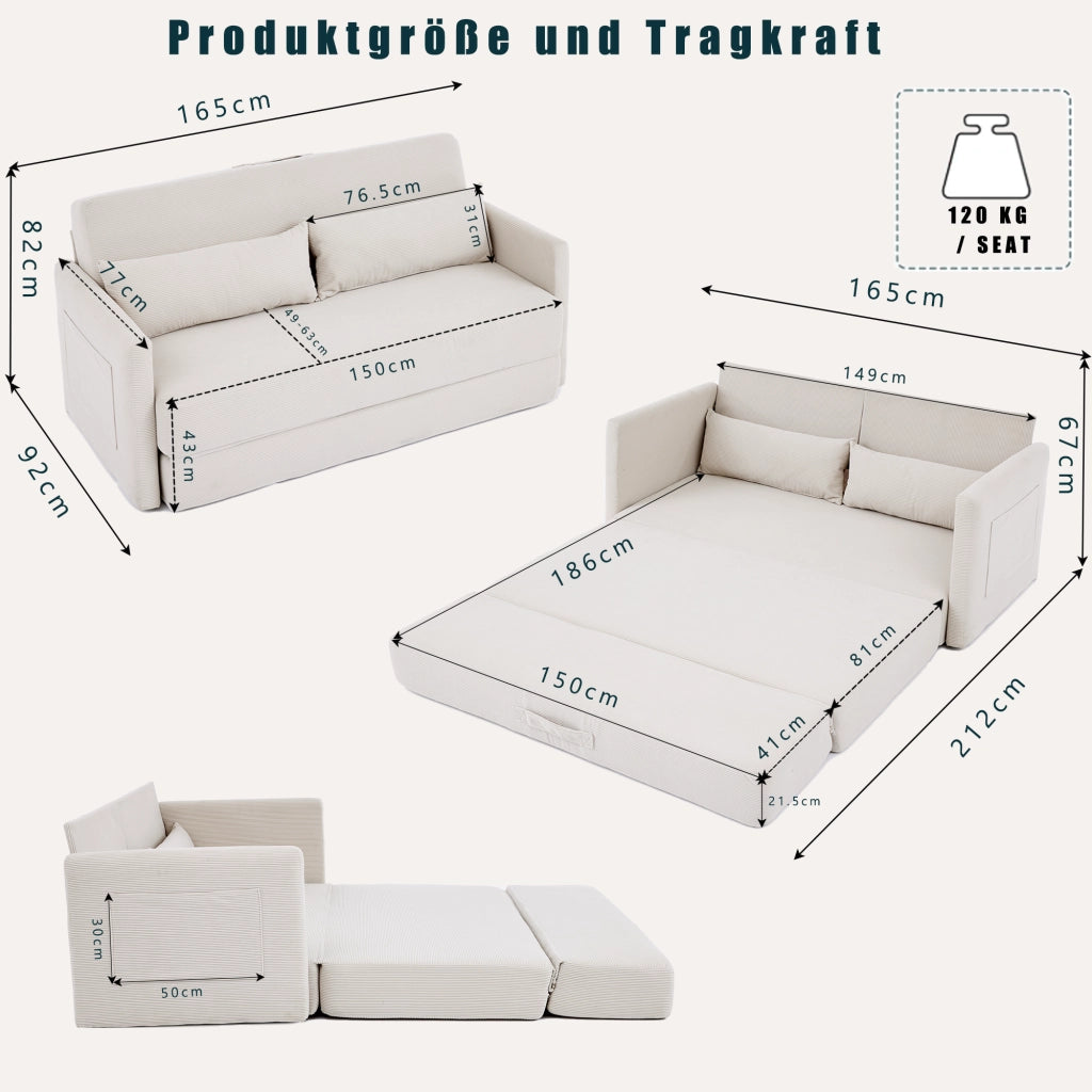 Divano letto pieghevole a 2 posti in tessuto effetto corda con 2 cuscini lombari e tasche beige per piccoli spazi