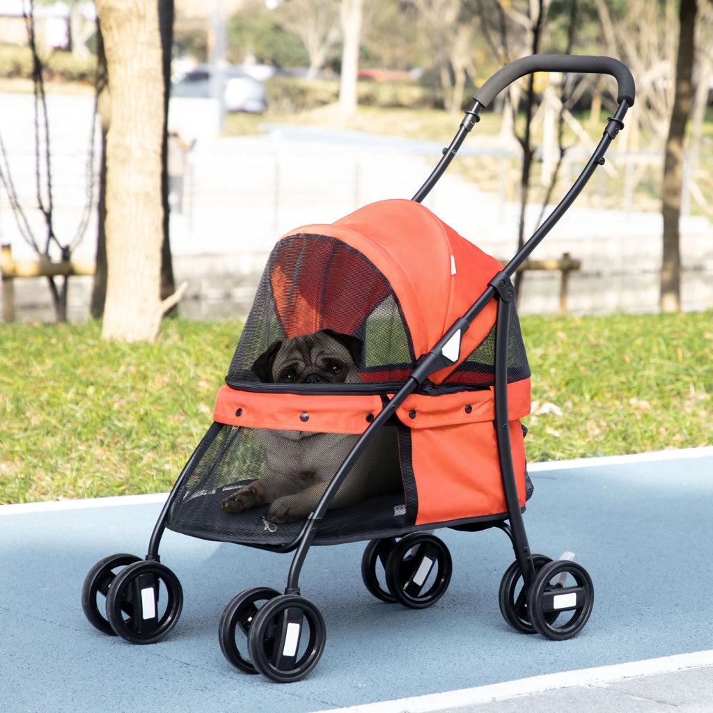 Passeggino per Cani Pieghevole con Tettuccio Regolabile, Borsa e 2 Guinzagli, 82x47x97 cm, Rosso e Nero
