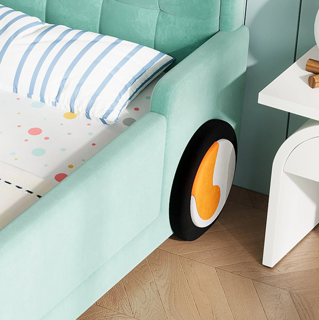 Letto per bambini 140x200 cm a forma di auto con scivolo e scala in velluto blu-verde