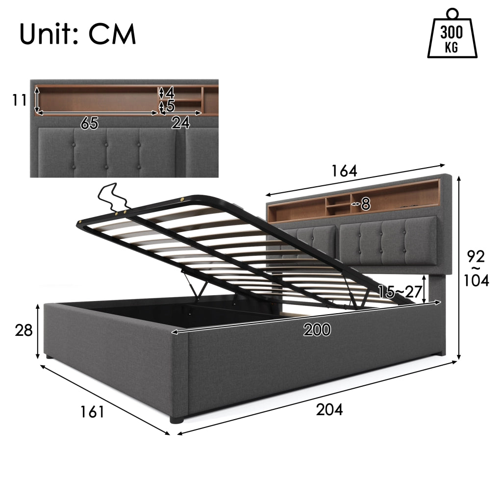 Letti contenitori 160x200 cm; testiera regolabile con USB e prese; lino grigio (Senza materasso)