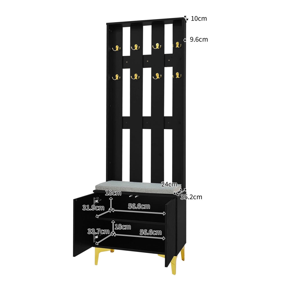 Set Appendiabiti con Panca Porta Scarpe e Cuscino, Armadietto con Cassetti e Ante Nero