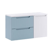 Set VANO blu denim e bianco 100cm: mobile sottolavabo con cassetti e cesto per la biancheria integrato + piano per lavabo