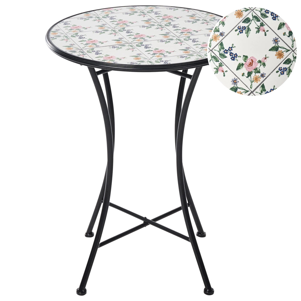 Tavolino da bistrot in ferro nero con piano rotondo rivestito in piastrelle di ceramica a mosaico stile ferro battuto