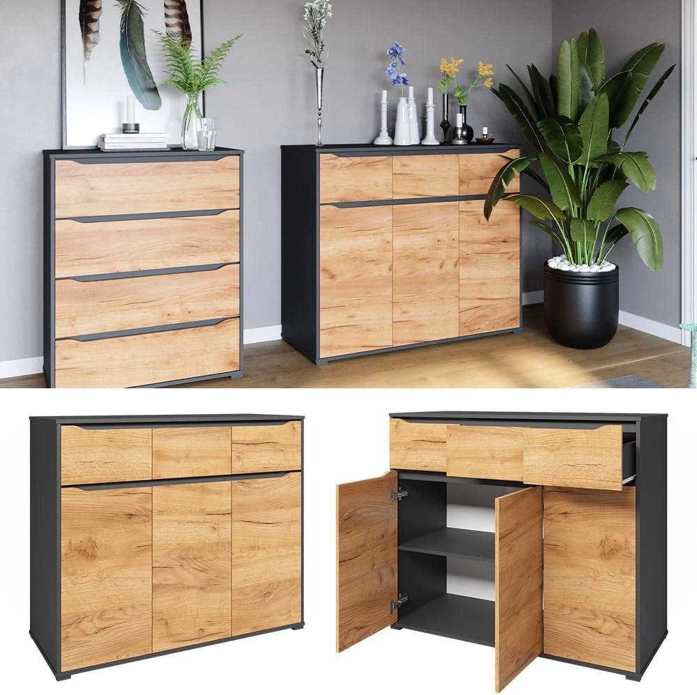 Credenza Ruben, Quercia dorata, 48 x 101.6 cm con cassetti, per riporre abiti e oggetti di uso quotidiano
