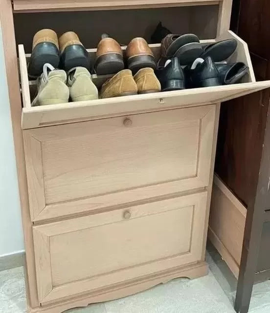 Scarpiera 3 ante ribalta legno shabby avorio anticato filo oro 79x30x130 - Mobili 2G