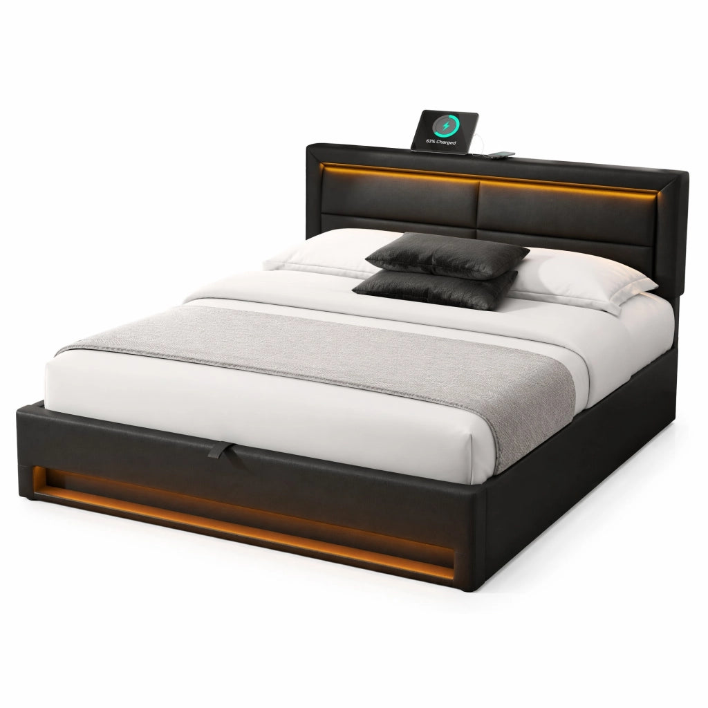 Letto imbottito 140 x 190 cm con USB, LED e contenitore, PU, nero