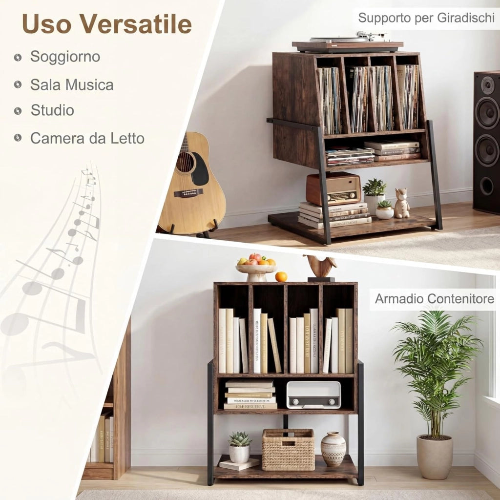 Supporto per Giradischi, Mobile Porta Giradischi con 4 Scomparti e Ripiani Aperti, Scaffale per Dischi in Legno con Ruote e Piedini Regolabili (Marrone Rustico, Nessuna Presa di Corrente)