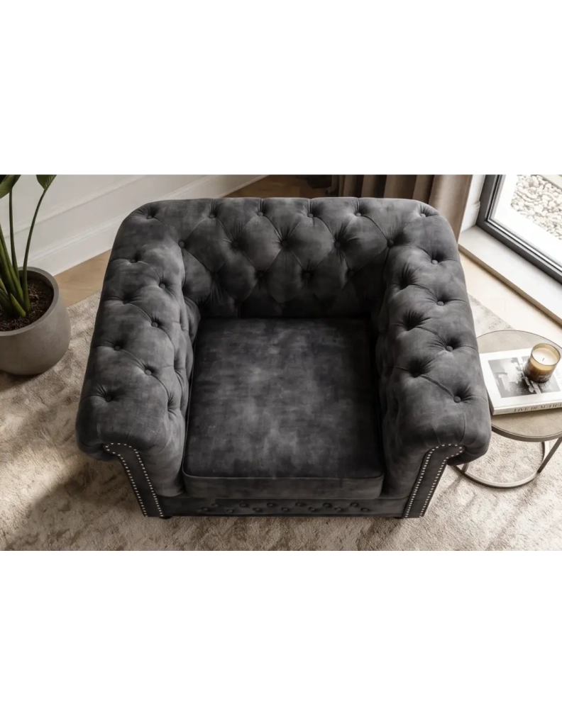 Poltrona EDGAR Chesterfield in velluto trapuntato - Grigio chiaro - 109 x 72 x 86 cm