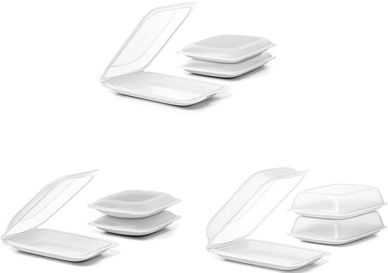 Contenitori di carne per frigorifero | 9 pezzi: 3 standard + 3 mini + 3 maxi | Contenitori di alimenti stivabili con coperchio | Adatti per congelatore, forno a microonde e lavastoviglie | Senza BPA, bianchi