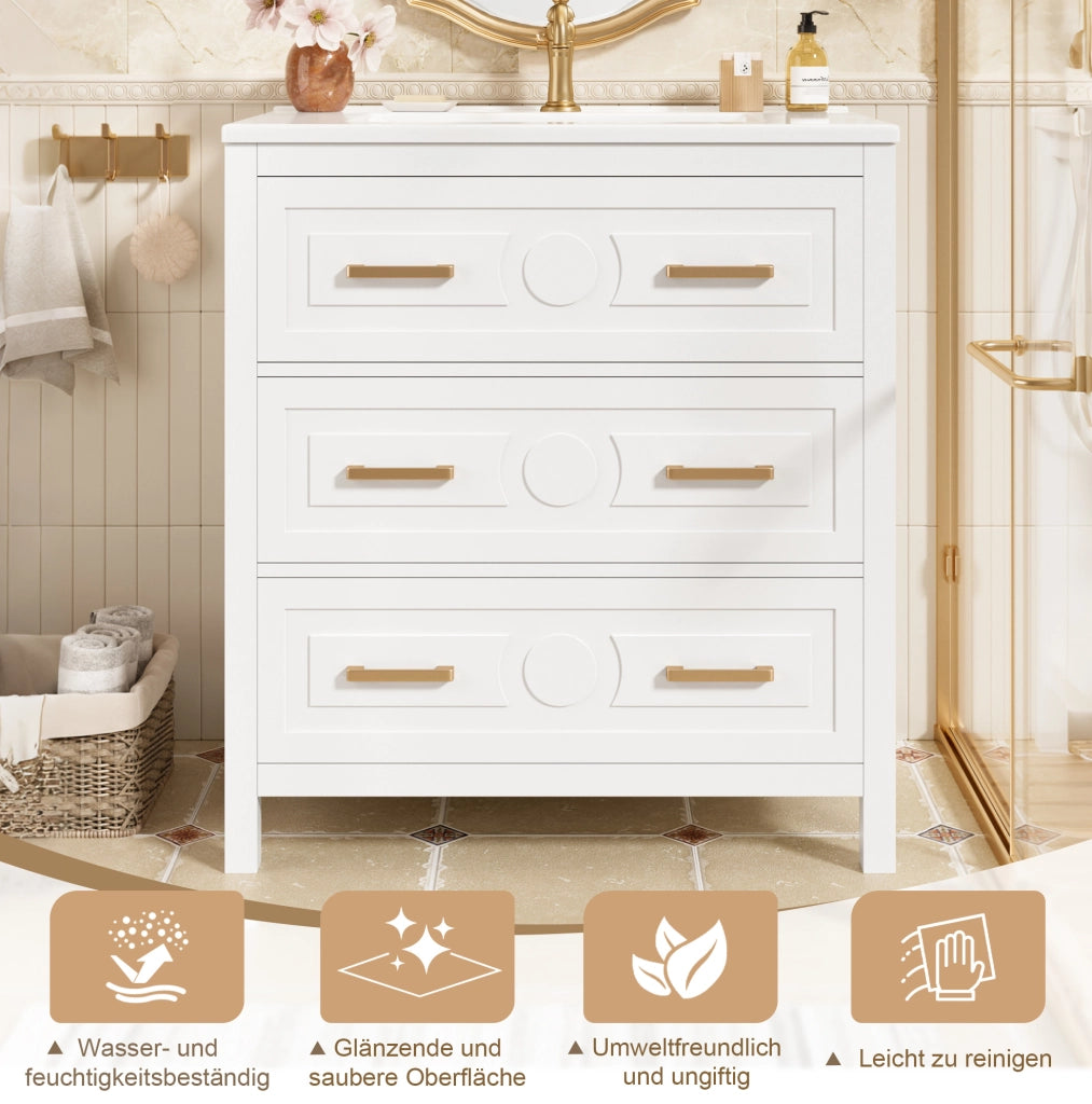 Mobile lavabo freestanding bianco 76,5x47x82 cm in MDF e ceramica con 3 cassetti