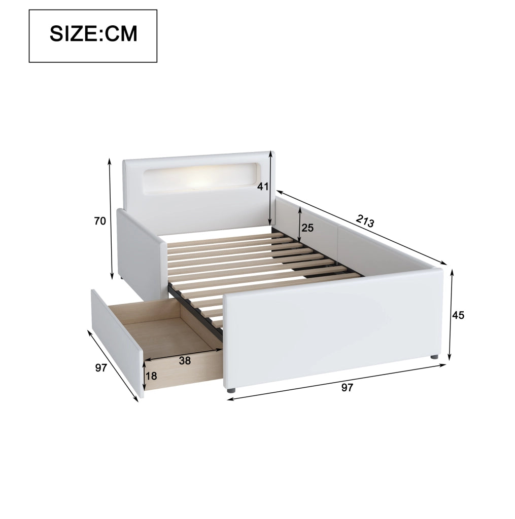 Letto imbottito bambini 90x200 cm; USB e luce notturna; cassetti; pelle sintetica; bianco