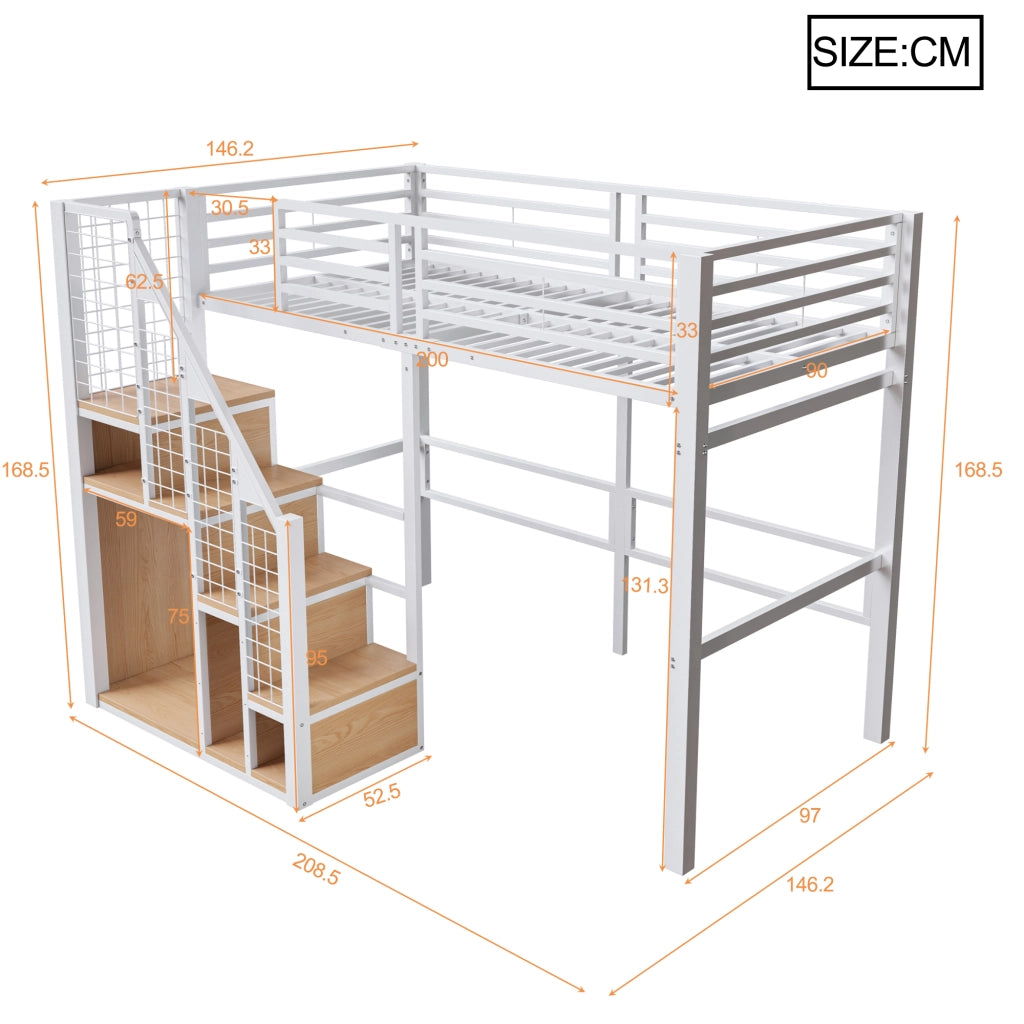 LETTO A CASTELLO 90x200 in metallo bianco con scala e vano inferiore