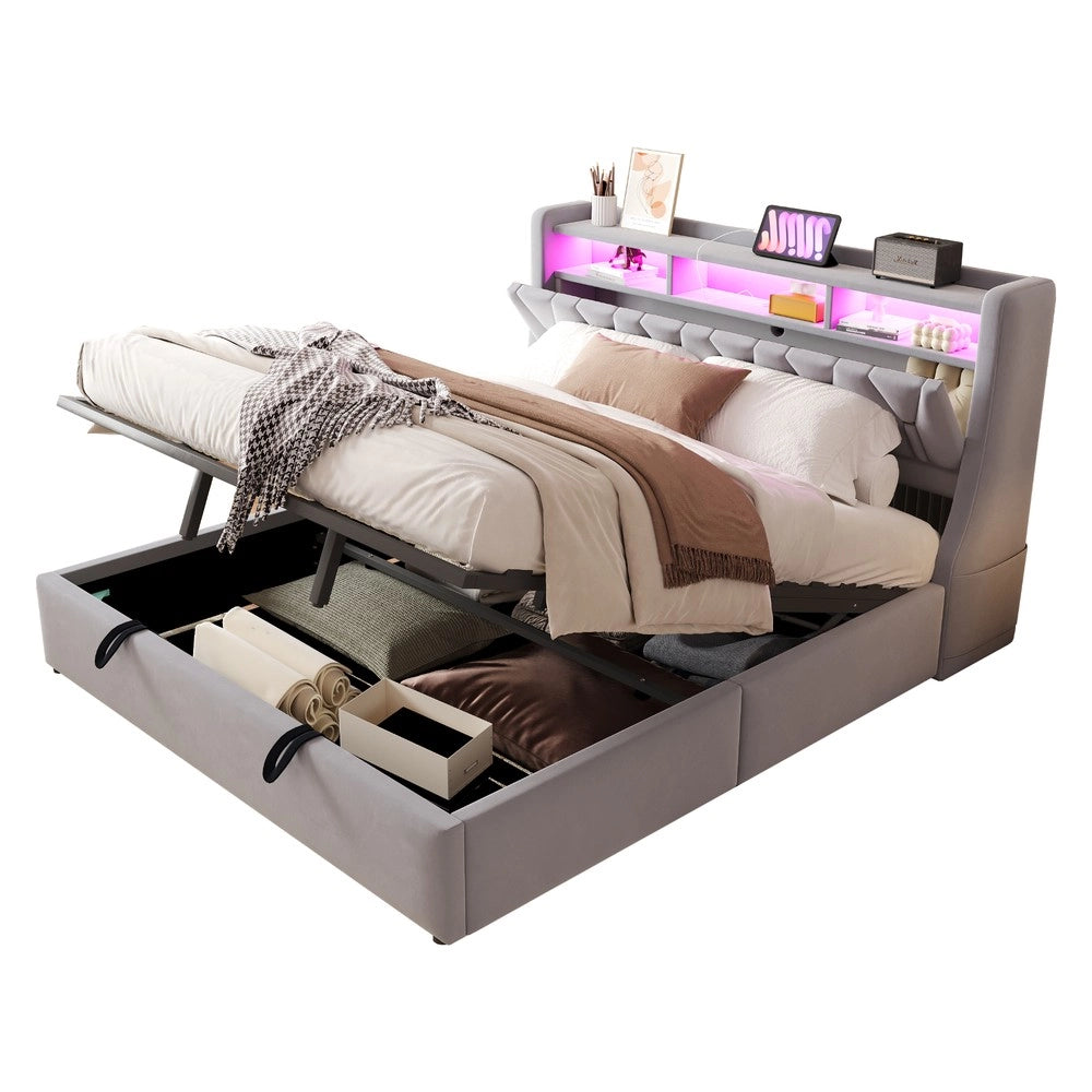 Letto Imbottito Contenitore 180x200 ¨C MINIMAL ¨C Velluto Grigio Chiaro, LED, Idraulico, Testiera con Presa