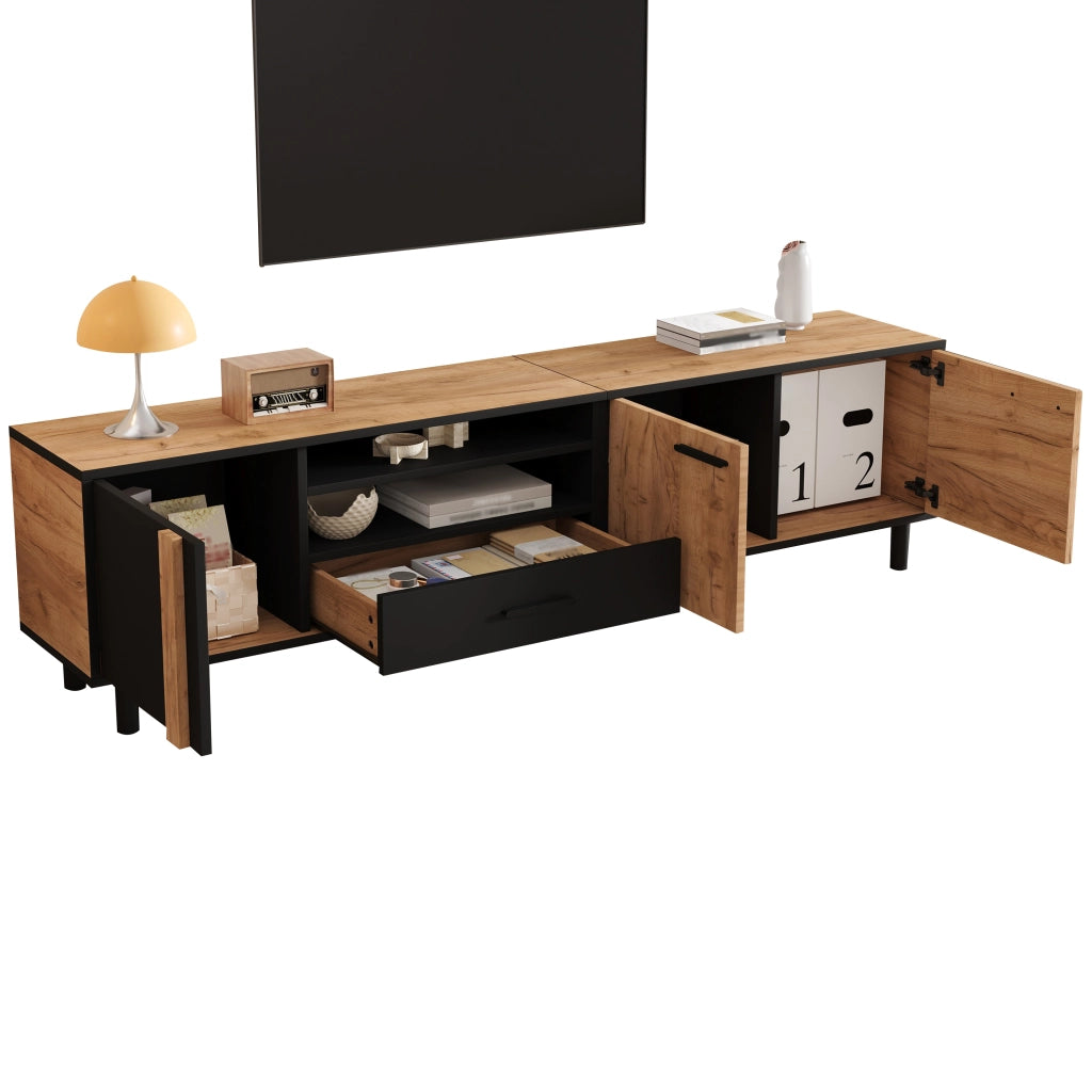 Cassettiera TV nero e finitura legno; in truciolare; lunghezza 180 cm