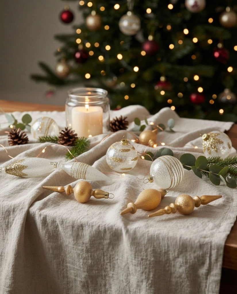 Set di 25 palline di Natale in vetro da appendere all'albero di Natale in stile tradizionale glamour trasparente e dorato