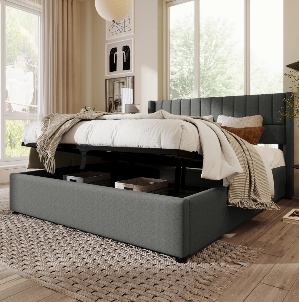 Letto matrimoniale imbottito con contenitore e rete sollevabile 160x200 cm in lino grigio
