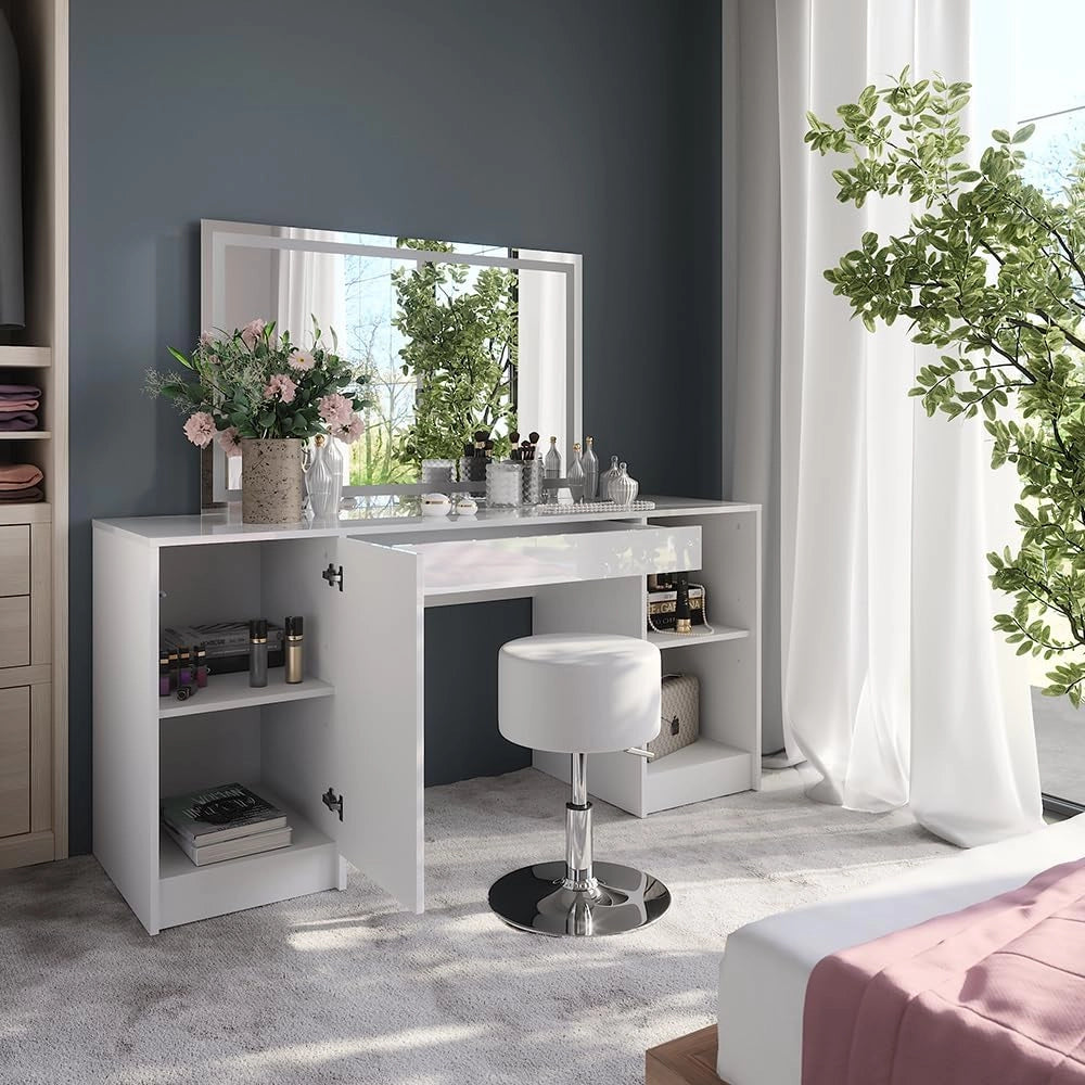 Tavolo da toeletta Sherry, Bianco/bianco lucido, 158.2 cm con specchio LED e sgabello