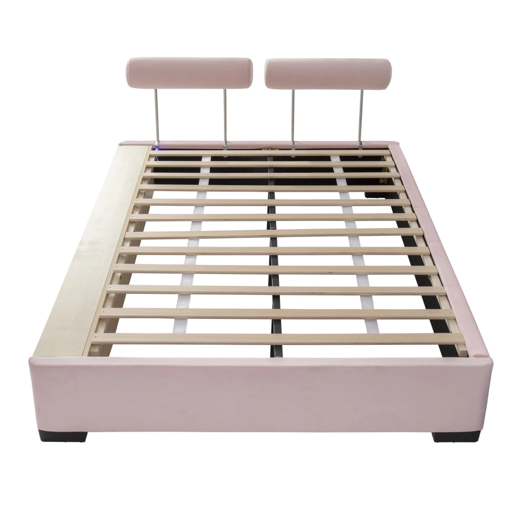 Letto imbottito 140x200 cm con vani laterali e LED in velluto rosa