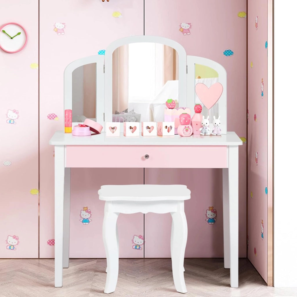 Toeletta Trucco per Bambina, Specchiera Trittica per Ragazza in Legno Robusto con Sgabello e Cassetto, Postazione Trucco 2 in 1 per Cameretta e Cmera da Letto, 95x70x34cm(Bianco)