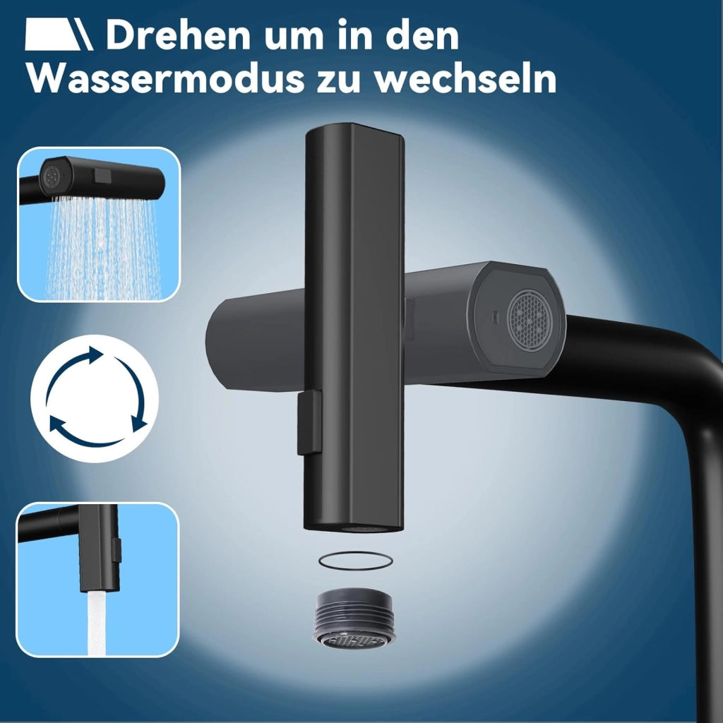 ZMH Miscelatore nero con doccetta estraibile e rotazione a 360°Miscelatore in acciaio inox con 2 getti
