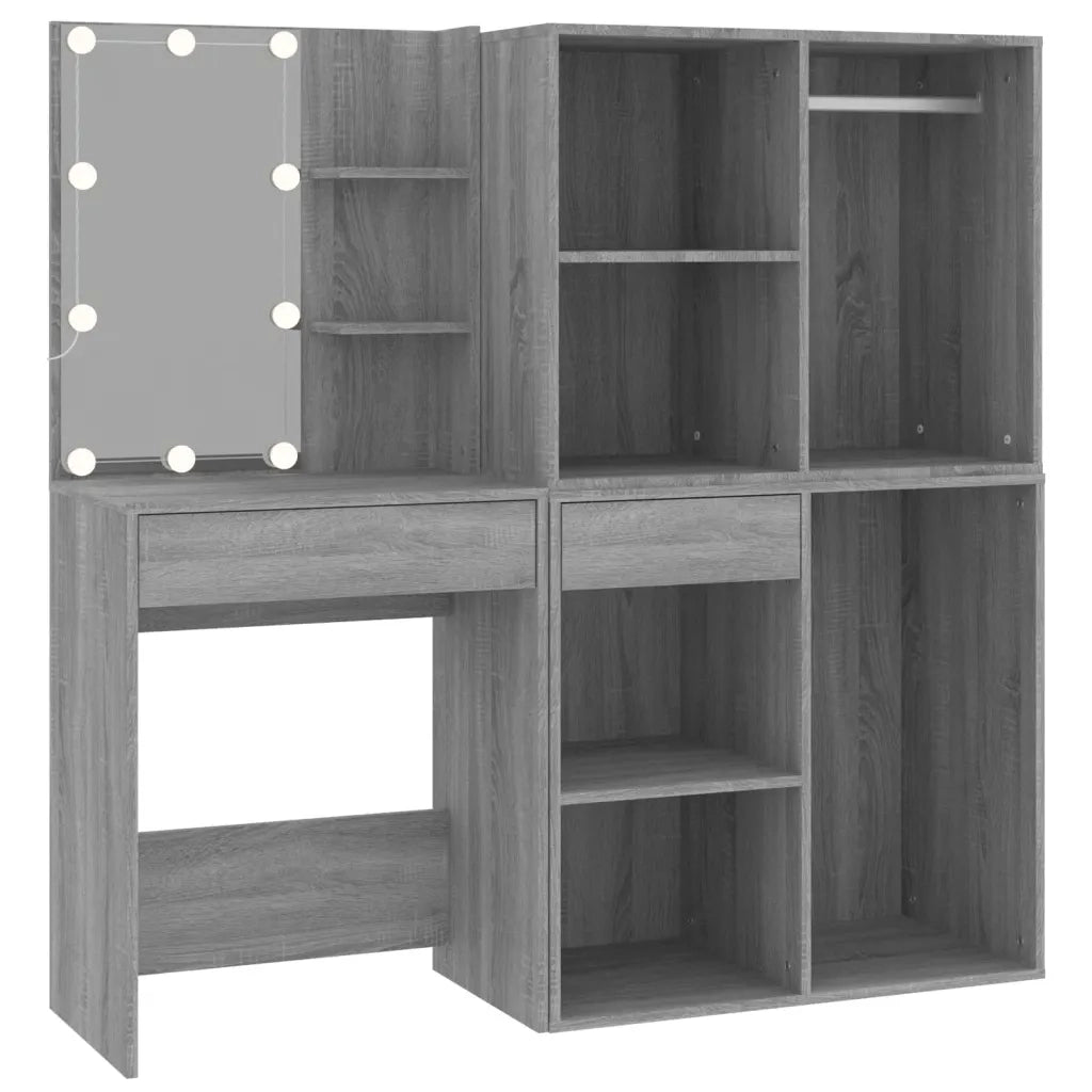 Toeletta | Tavolo da Trucco con LED e Armadietti Grigio Sonoma Legno Multistrato