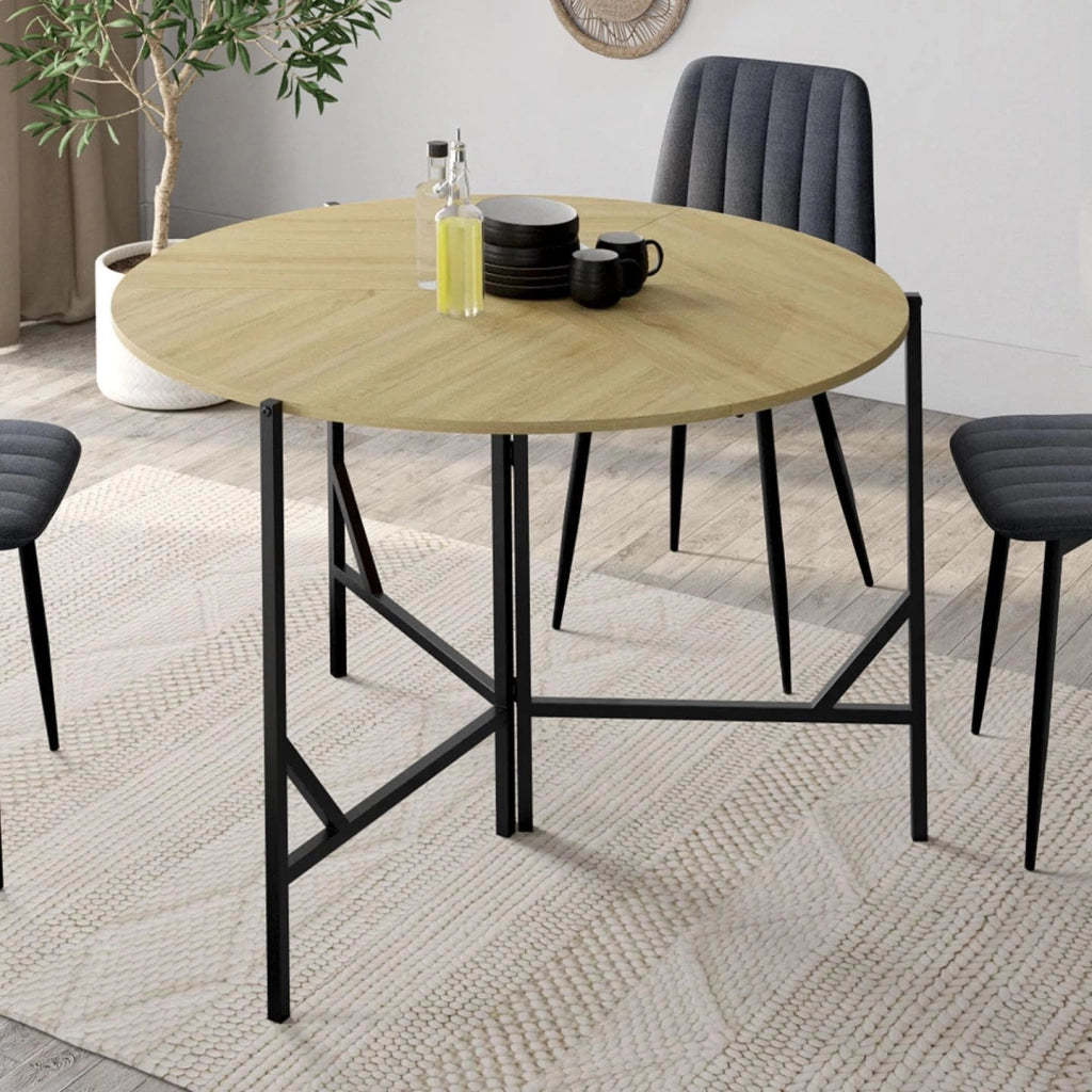 Tavolo da pranzo rotondo pieghevole YAEL per 4 persone, legno e nero, design industriale, 110 cm