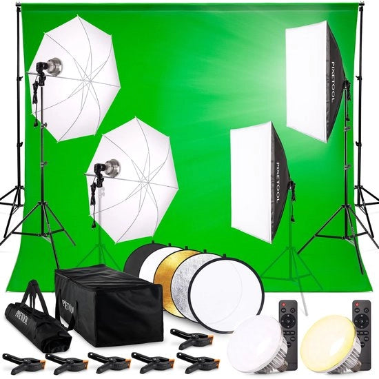 Kit di studio fotografico 3x3 m - Systema di sfondo 3x2,6 m - Set di studio - Box morbida/Parasole - Lampade LED - Supporto portatile - Assistenza creativa per fotografi - Telo di sfondo