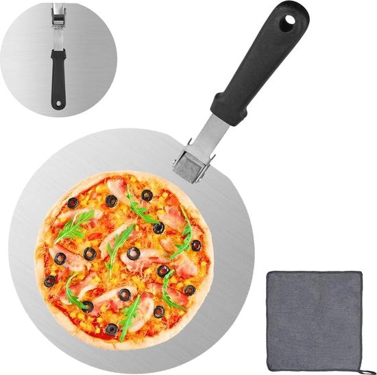 Spedisci schuivatore per pizza, acciaio inossidabile, diametro 25 cm, spatola per pizza, pieghevole, manico in legno, spatola per pizza, schuivatore, spatola per pizza perforata con panno da cucina per pizza, Flammkuchen, pane