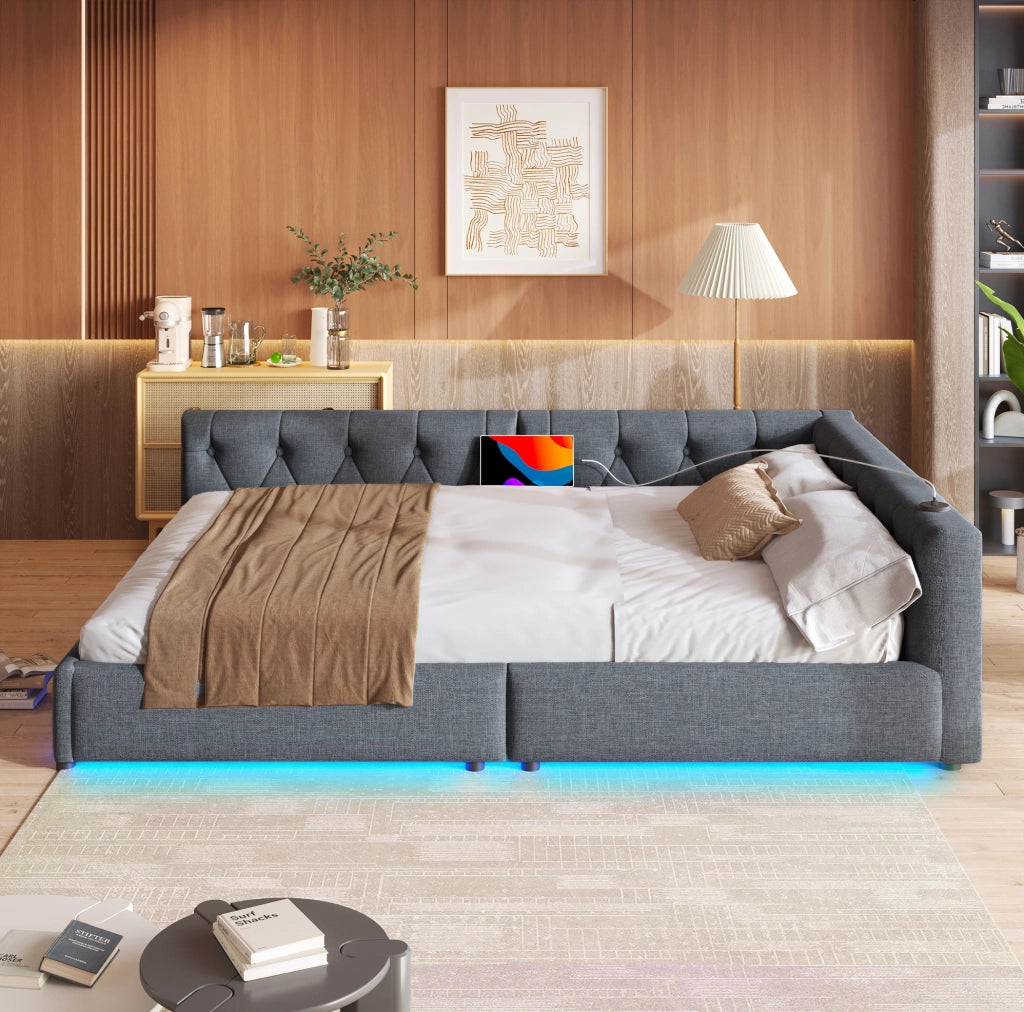 Letto 140x200 cm con LED; USB e Type-C in lino grigio