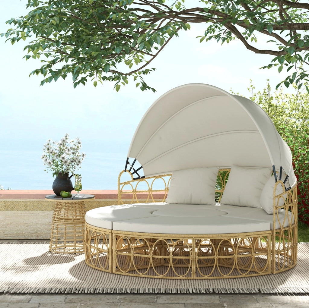 Set salottino da giardino 4 pezzi in rattan con tetto apribile; bianco crema