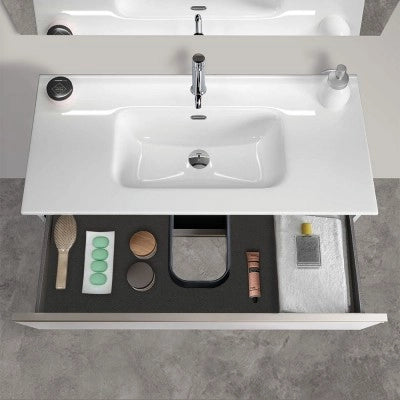 Mobile bagno sospeso 100 cm bianco opaco con lavabo e specchio tondo Master