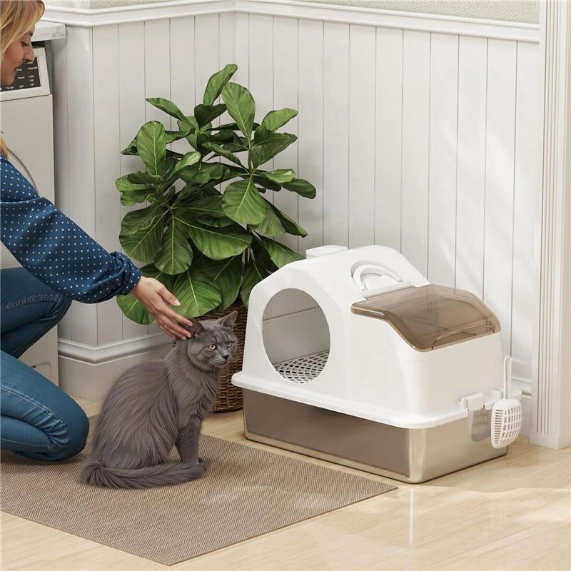 LETTIERA PER GATTI CHIUSA CON 2 TAPPETINI, IN ACCIAIO INOX, ABS E PP, 60.5X40.5X42 CM, BIANCA E ARGENTO