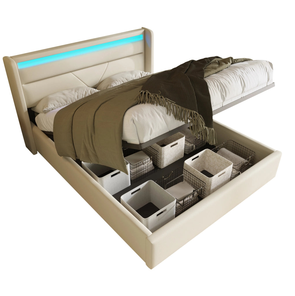 Letto matrimoniale imbottito 140x200 cm con contenitore; LED e rete sollevabile; bianco in PU
