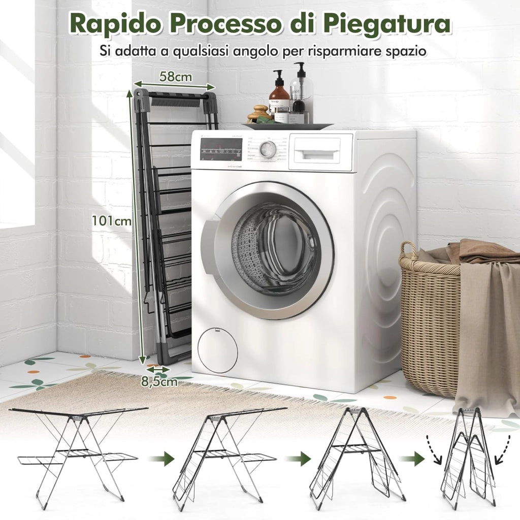 Stendibiancheria da Pavimento a 2 Piani Pieghevole con Ali Regolibili, Stendino in Acciaio Inox con Antiscivolo, Stendi Biancheria Salvaspazio per Interno ed Esterno, 141 x 58 x 130 cm, Grigio