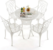 Soggiorno da giardino esterno, tavolo da giardino con sedia in ghisa di alluminio, tavolo da bistrot 5 pezzi per 4 persone, foro dell'ombrellone Dia.5 cm, tavolo rotondo per terrazza, balcone