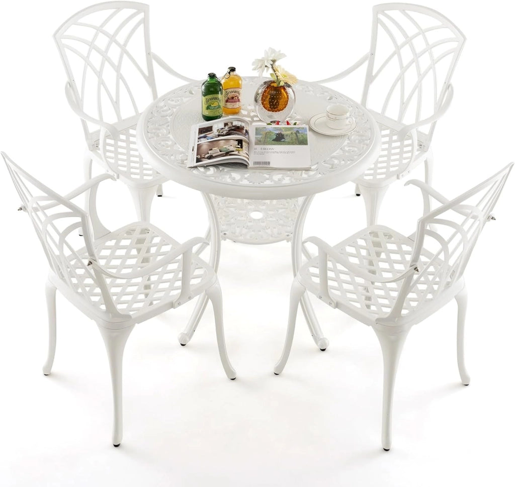 Soggiorno da giardino esterno, tavolo da giardino con sedia in ghisa di alluminio, tavolo da bistrot 5 pezzi per 4 persone, foro dell'ombrellone Dia.5 cm, tavolo rotondo per terrazza, balcone