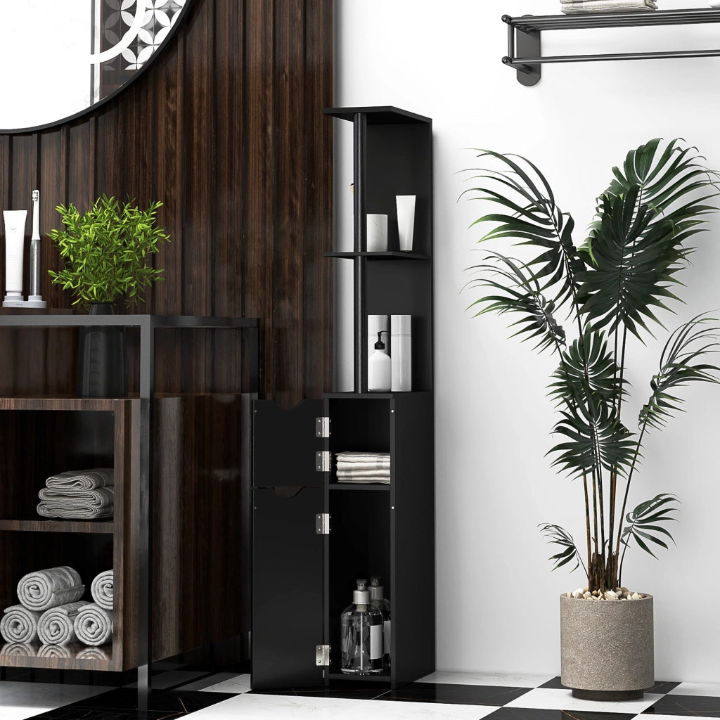 Mobile a Colonna da Bagno Salvaspazio 2 Ripiani e 2 Armadietti 15,2x29,8x118 cm Nero e Oro